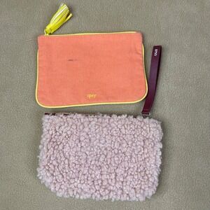 IPSY Makeup Bags Set of 2 Orange Canvas Pink Sherpa Wristlet Pouch Cosmetic GUC